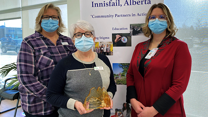 The Community Partners in Action team — Ellen Helgason, left, Wendy Evans and Jennifer Wood — were recognized with the Rural Health Professions Action Plan 2021 Rhapsody Healthcare Heroes Award for their outstanding community work in Innisfail for education and people living with dementia.