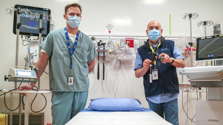 Kevin Reedyk, nursing manager of the ED at Chinook Regional Hospital in Lethbridge, left, and ED volunteer Joel Bermack, show off three pieces of equipment purchased with a $33,000 donation from Beth Israel Synagogue in Lethbridge.