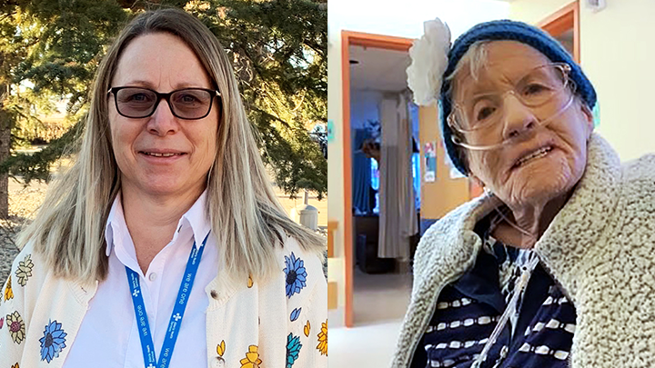 Priscilla McQueen, left, is often greeted with “Good morning, Sunshine” as her children, grandchildren and great-grandchildren join her for a virtual visit. Carmelle Steel, right, shifted gears from her volunteer coordinator duties last spring to organize and play host for the virtual-visitation program for Willow Creek’s 100 residents.