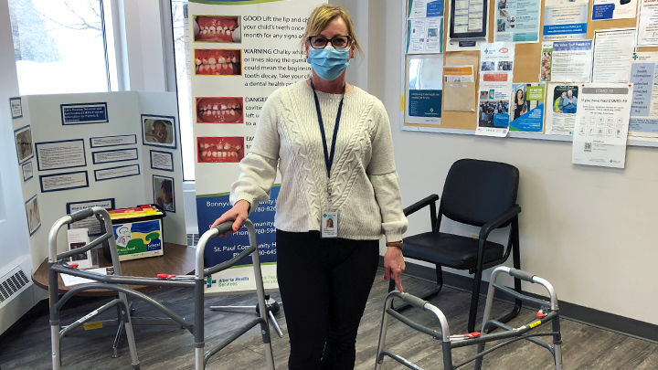 Two new bariatric walkers for home care are displayed by Carrie Orser, occupational therapist, Cold Lake Community Health Services. The walkers were funded by Hearts for Healthcare as part of a gift from Michael and Agnes Chabaylo.