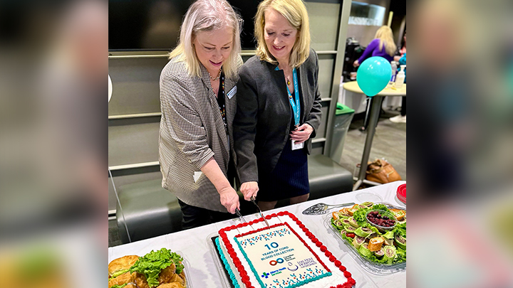 Tracee Pratt, left, executive director, Women's Health, Lois Hole Hospital for Women, and Kathy Ganz, director, Stem Cells, at Canadian Blood Services, help mark 10 years of banking the gift of cord blood at the Royal Alexandra Hospital’s Lois Hole Hospital for Women.