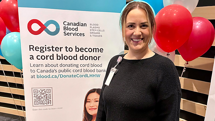 Kelsey Koch, a labour and delivery nurse at the Lois Hole Hospital for Women, donated her son’s cord blood in 2016. His donation is one of the 27 Canadian Blood Services banked cord blood donations that have been used for a life-changing stem cell transplant internationally.