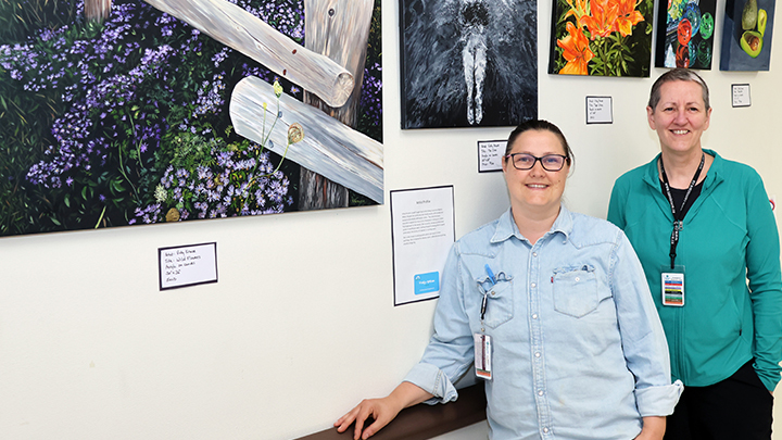 Cynthia Cotmen, left, and Vicky Krause are among the AHS staff whose creative and colourful artworks are on display this spring at the Red Deer Regional Hospital Centre.
