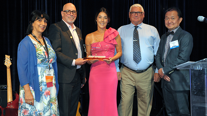 The presentation ceremony for the IFHE award was attended by, from left: Daniela Pedrini, IFHE past president; Steve Rees, IFHE president; Sabrina McCormack, clinical liaison, AHS; Gerald Palichuk, Alberta Infrastructure; and Adrian Lao of the DIALOG architectural firm.