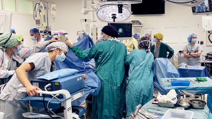 An EXIT Procedure Simulation gets underway in an operating room at the Foothills Medical Centre.