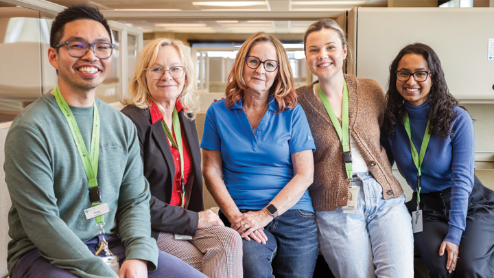 Cheryl Bozek, centre, is seen with the members of the Edmonton Zone Virtual Home Hospital (EZVHH) surgery team, from left, pharmacist Phil Ha and nurses Tammy Daum, Allison Eccles and Vanessa George.