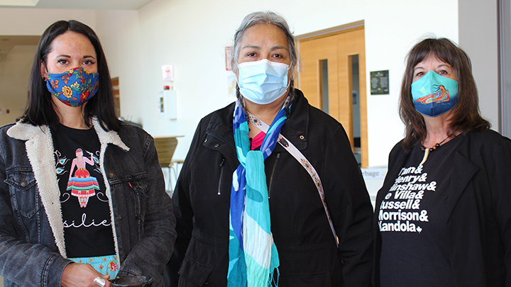 Indigenous Elder Loretta Parenteau-English, centre, conducted a traditional smudging ceremony to cleanse and purify the new COVID-19 immunization centre in Grande Prairie, which has the capacity to serve 1,300 clients a day. Here, Parenteau-English is shown with her helpers Leanna Willier, left, and Kelly Benning of the Grande Prairie Friendship Centre.