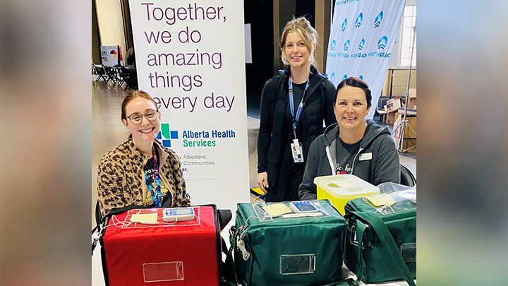 Jen Pilgrim, left, Chelsea Sauder and Becca Bizicki are AHS Public Health Nurses who recently attended the Community Health Day event in Grande Prairie.