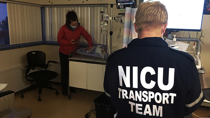 The specialized Neonatal Intensive Care Unit (NICU) Transport team prepares to move the last patient from the QEII, little Addison Keddy.