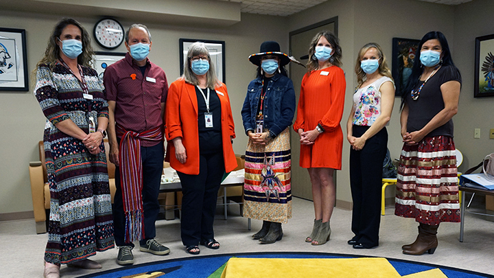 Members of AHS leadership and Indigenous Wellness Core assembled for the grand opening of the Wetaskiwin Hospital and Care Centre’s new Indigenous Healing Room. Gathered, from left, are: Lisa Barrett, Marty Landrie, Janice Stewart, Brenda Laboucan, Andrea Thain Liptak, Dr. Jennifer Bestard and Tracy Lee.