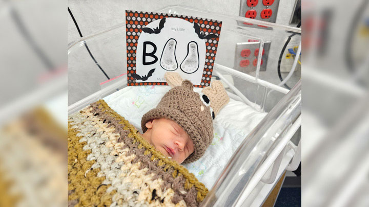 Newborn Charlie got to dress up as a moose this year for Halloween in the NICU. “All the babies were in their little hats with matching blankets Halloween morning when their families came on the unit,” says Amie Mays, NICU and Pediatrics manager. “It brings a little bit of holiday spirit to the families — and the babies look absolutely adorable, so we all love it as well.”