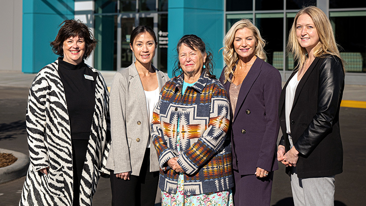 On hand to celebrate the grand opening of the Edmonton Community Health Hub North were, from left: Carol Anderson, chief zone officer, Edmonton Zone Chief Zone Officer, AHS; Dr. Diana Hong, president, Edmonton North PCN Board; Dr. Carola Cunningham, knowledge keeper; Christie Sharun, executive director, Edmonton North PCN; and Meghan Hickey, manager, Special Projects, Edmonton North PCN. Their all part of a unique partnership brings AHS and PCN programs and services under one roof to better care for Albertans.