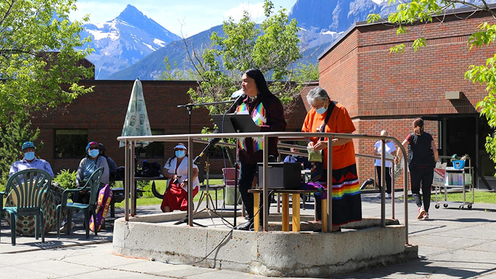 Kenny Hunter, an Indigenous liaison with Canmore General Hospital, speaks at a ceremony for the facility’s new Indigenous Reconciliation Garden.