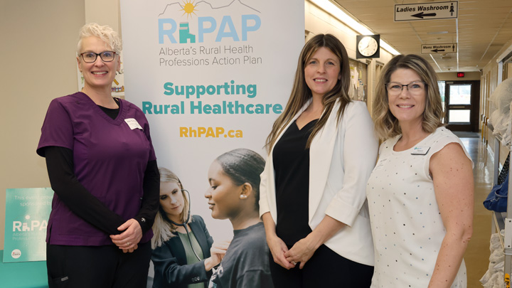 Jan Cinnamon, left, Suzanne Kirk and Melanie Hagel are among the dedicated Three Hills health professionals who helped organize and participate in a healthcare skills event for local Grade 9-12 students.