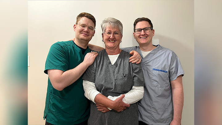 Nursing runs in the family for Aaron, left, mom Allyson and Devon McCaw. Allyson will be trading her scrubs for golf clubs when she retires as a nurse at the Margery Yuill Cancer Centre in Medicine Hat Regional Hospital in June after 40 years in her profession.