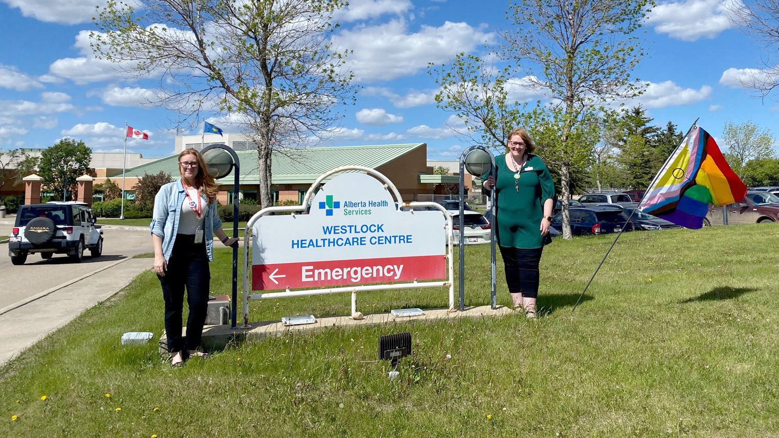 Meagan McCoy-McLevin, left, site manager, and Jackie Williams, acute care manager, pose by Westlock Healthcare Centre.
