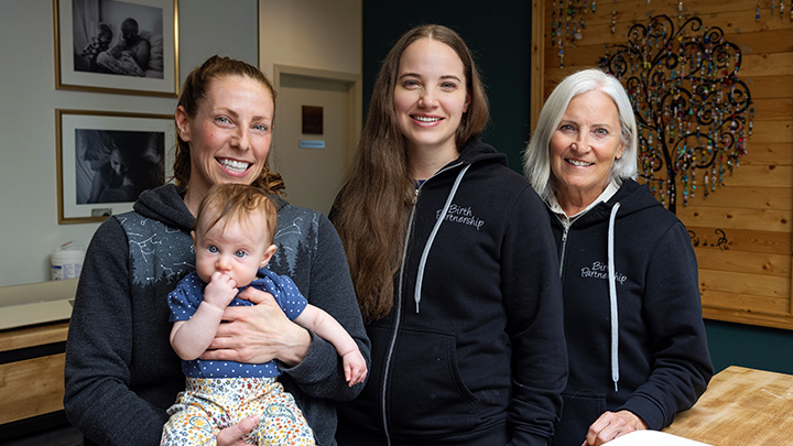 “Everything went smoothly. It was a very personable experience,” says first-time mom Sarah Hendry, left, and daughter Cosette Lafond, who dropped by to visit with Sadie and Patty, who delivered her baby last Oct. 28 in Rockyiew General Hospital.