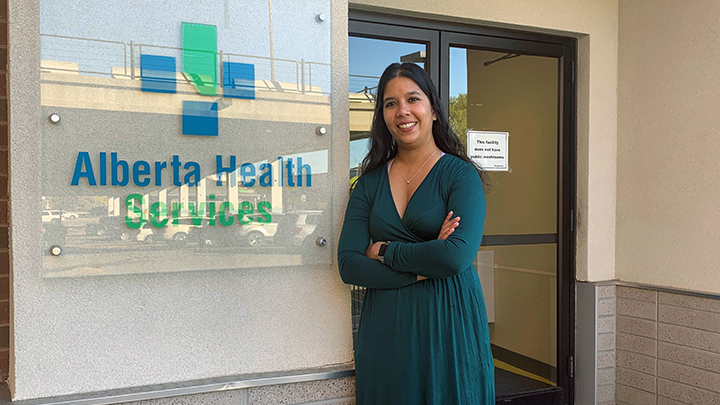 Dr. Mishka Singh says her time caring for refugees at Camp Moria on the Greek island of Lesvos has changed how she approaches and interacts with Syrian, Afghan and other patients here in Alberta. She learned firsthand how effective communication is vital - and today she often relies on Language Line, an interpretation service offered by Alberta Health Services, to better care for her patients. Here she’s shown at the Melcor Centre in Lethbridge.