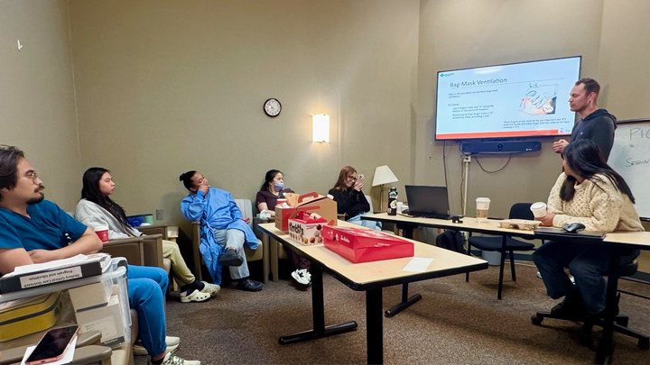 Participants take part in a PICU-led learning seminar on pediatric assessment, airway management, ventilation and intraosseous (IO) access, led by Kurt Zaborski, PICU Transport Rapid Response Team.