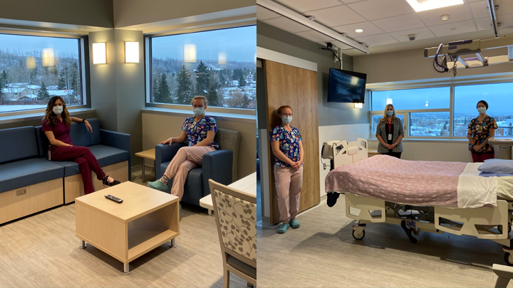 Jamie Lee Atkin, manager of the Medicine Unit at Northern Lights Regional Health Centre, centre, joins colleagues Tiffany Smith, left, and Trina Crew to showcase new palliative care suites in Fort McMurray.