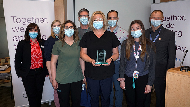 Some of the CARES Award-winning members of the Nuclear Medicine team at Red Deer Regional Hospital Centre (RDRHC) are, from left: Leane Young, director of Diagnostic Imaging; Taylor Kentel; Susan Gessleman; Ryan Campbell; Brittany Wilton; Dr. Jason Prevost of Diagnostic Radiology; Brittnee Young; and Peter Froese, senior operating officer of Diagnostic Imaging.