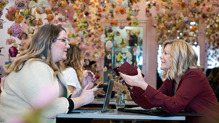 Susan Alves, left, a clinical nurse educator in Edmonton Zone, enjoys a get-together with her mentor, Dawn Vallet-MacDonald, a provincial senior practice consultant, at the Brew & Bloom Café. “The connections you make and the discussions you have in the Nursing Mentorship Network are so valuable,” says Alves.