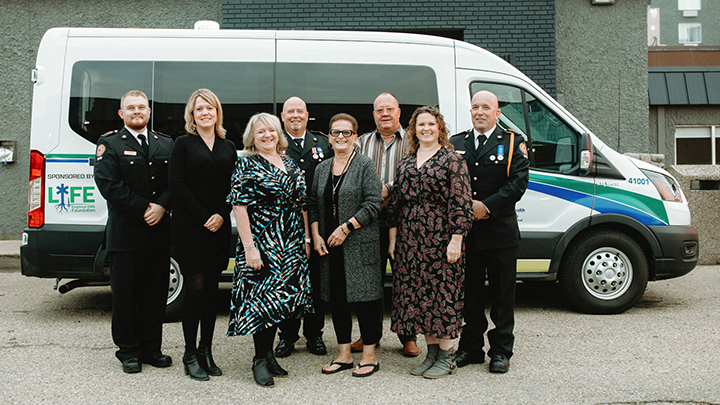 On hand for the unveiling of the new non-emergency transport van in Grande Prairie were, from left: Clayton Dirksen, AHS EMS; Laura LaValley, CEO, Northwestern Alberta Foundation; Rhonda Thomson, Northwestern Alberta Foundation; Jason Gabriel, AHS EMS; Cheryl Weaver, Chair, REMS Foundation; Steve Zimmerman, Councillor, County of Grande Prairie; Amanda Frayn, Executive Director, REMS Foundation, and Councillor, County of Grande Prairie; and Dallas Pierson, AHS EMS.