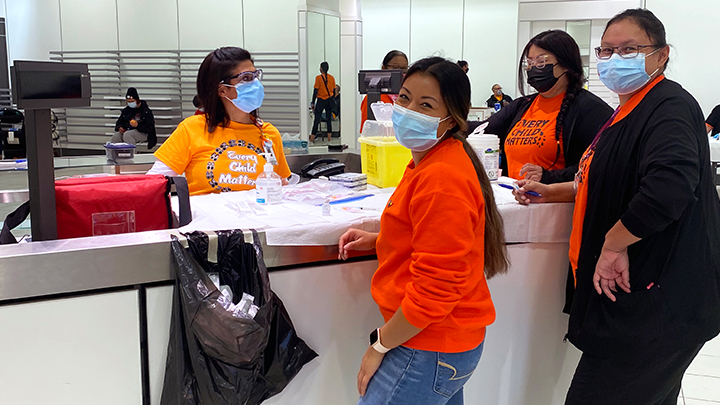 Aakom-Kiyii Health Services staff — including Cassy Lucas, Abi No Chief and Shawna Grier — recently partnered with AHS to reach out to the local Indigenous community with a pop-up COVID-19 vaccination clinic at Park Place Mall in Lethbridge.