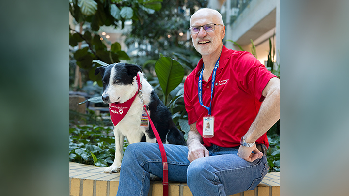 Volunteer duo Patches and Glen Gross are a familiar sight at the Royal Alexandra Hospital. Gross began volunteering with Alberta Health Services in 2015 alongside his former Border Collie, Misha. He's now approaching two years of volunteering with his current companion, Patches.