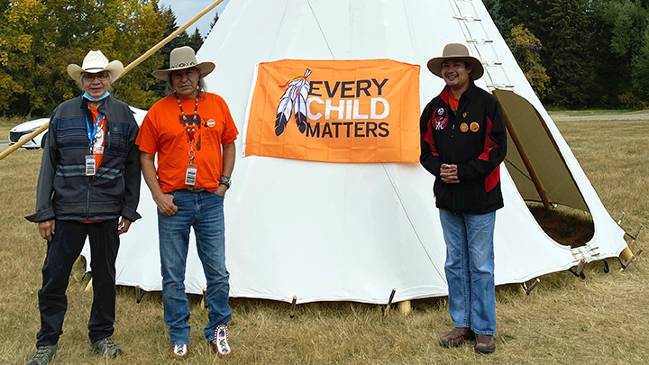 Elder Richard Lightning, left, Doug Longmore and Floyd Baptiste marked the National Day for Truth and Reconciliation at Centennial Centre for Mental Health and Brain Injury in Ponoka.