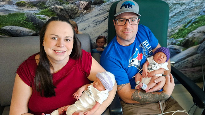 Amy Rodtka and Matt Phillips, of Rocky Mountain House, hold their preemie twins Cassian and Tillie. They say it’s quite the experience that your babies have to stay in hospital and don’t get to come home with you each night. They also say the Ronald McDonald House has been a huge help so they don’t have to drive back and forth every day. 