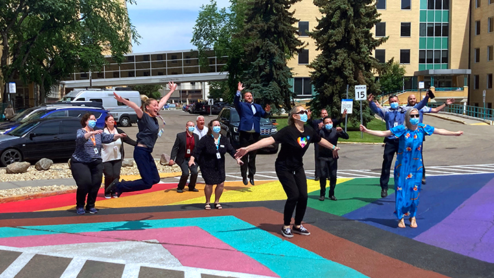 Staff and physicians at the Royal Alexandra Hospital celebrated the unveiling of a new Progress Pride flag during Pride Month.
