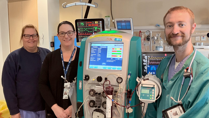 For Red Deer Regional Hospital Centre patients with neurological diseases like Guillain-Barré syndrome, therapeutic plasma exchange using a Prismaflex machine is often a lifesaver. Shown here with the Prismaflex are, from left: Kerry Oxtoby, ICU clinical resource nurse; Gillian Brown, patient care manager; and Darren Lynn, ICU registered nurse.