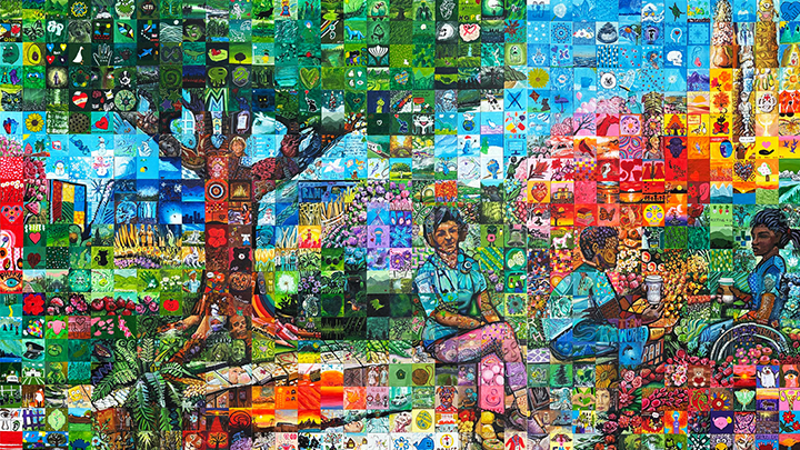 Artist Lewis Lavoie incorporated hand-painted tiles to create the mural mosaic, The Art of Caring, in recognition of the Royal Alexandra Hospital’s 125 year anniversary. The newly-installed piece has been installed at the hospital entrance.