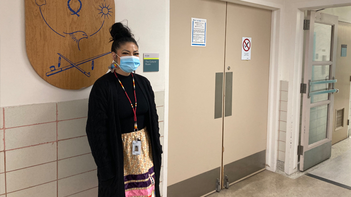 Brenda Laboucan, manager, Indigenous Wellness Core, 
stands near The Cultural Room, temporarily named so until a meaningful name is given that will reflect and honour Indigenous culture at the Royal Alexandra Hospital.
