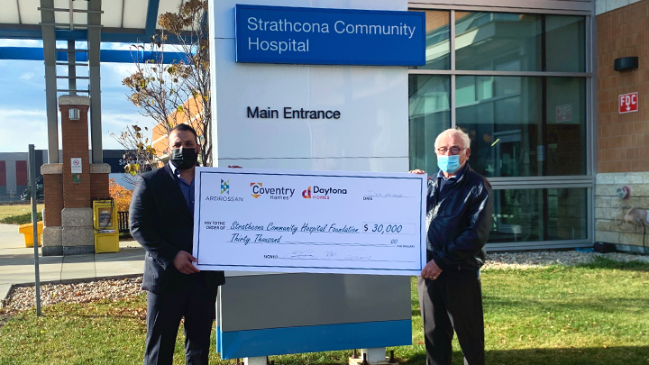 On Oct. 25, the Strathcona Community Hospital Foundation celebrated a $30,000 donation from Strata Development Corp., Daytona Homes and Coventry Homes toward new central monitoring equipment at the Strathcona Community Hospital. Shown at the cheque presentation are, from left, Robin Nasserdeen of Coventry Homes and Ken Lesniak, foundation chair.