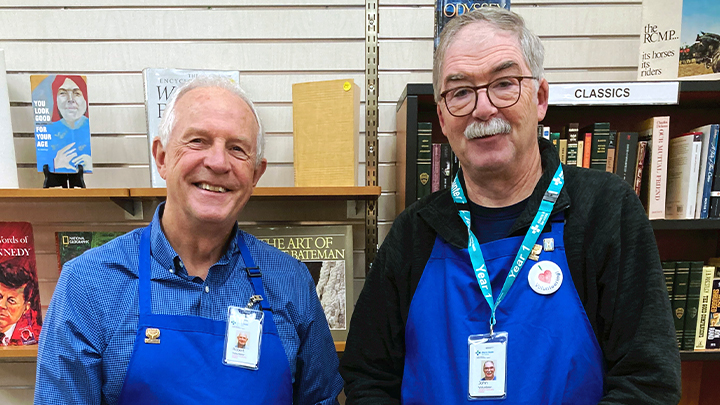 Rob Hutchison, left, and John VanVeen are two of the 67 volunteers who help to sort and sell donated books, puzzles and games at the new SHAVA bookstore in support of the Sturgeon Community Hospital in St. Albert.