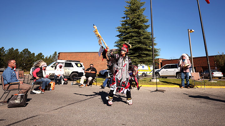 Sayder Duckchief performs a traditional Siksika dance at the ceremony.