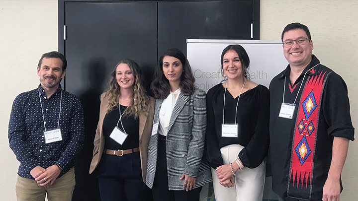 Alberta Health Services’ Studentship program invites post-secondary students to participate in research on Indigenous care. From left are: Dr. Richard Oster of the Indigenous Wellness Core’s Scientific Office; student participants Samara Wessel, Suha Damag and Maureen Plante; and Kienan Williams, a program lead in Innovation and Research, Indigenous Wellness Core.