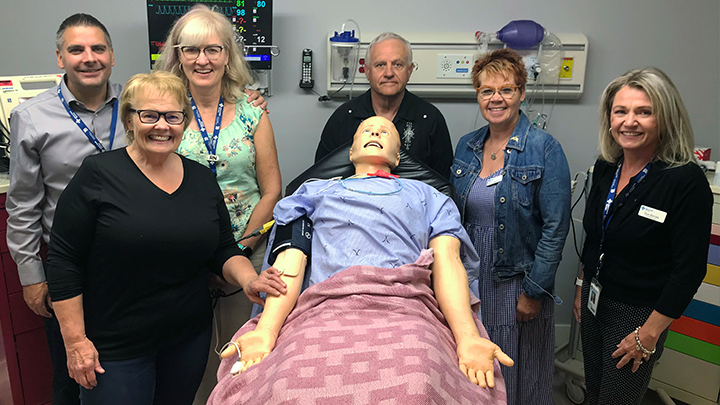 The Town of Sundre now has its own eSIM training lab. Some of the people who made it happen include: Dan Duperron (eSIM), left, Audrey McKenzie (AHS clinical educator), Nadine Terpstra (eSIM), Gerald Ingeveld (Sundre Hospital Futures) and Gerry Greschner (David Thompson Health Advisory Council  and Sundre Hospital Futures).
