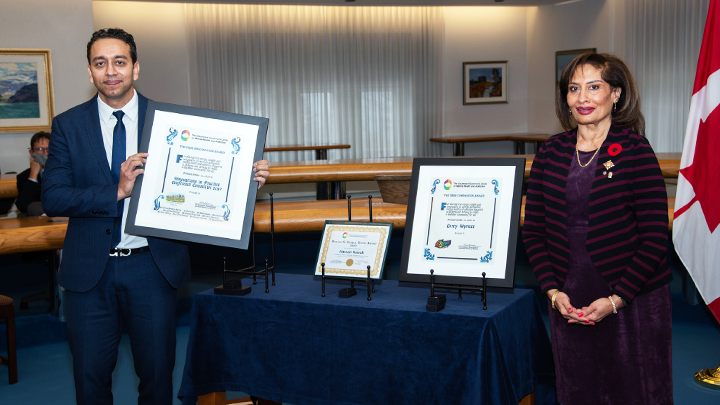 Dr. Yogesh Thakker, left, accepts the True Imagination Award on behalf of the Innovations in Practice Conference Committee at the 2020 Lieutenant Governor’s Circle on Mental Health and Addiction. The award was presented by Alberta Lt.-Gov. Salma Lakhani, right, in recognition of the committee’s work in highlighting the challenges of children and adults who live with developmental disabilities, intellectual disabilities and Autism Spectrum Disorder.