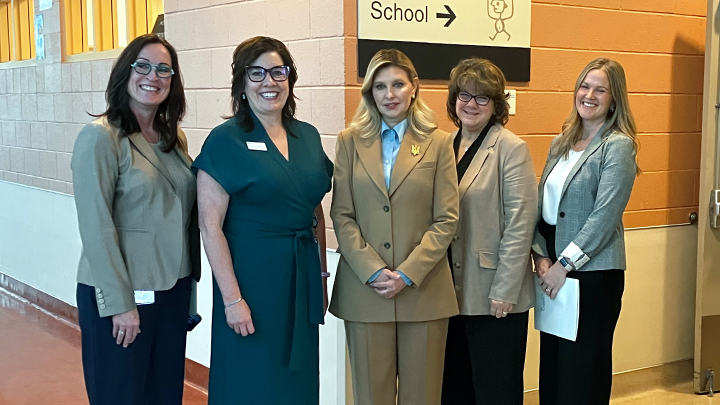 During her visit to the Alberta Children's Hospital, Olena Zelenska, First Lady of Ukraine, centre, met with Dr. Claudia Hudspeth, left, president and CEO, Alberta Children's Hospital Foundation; Jo Ann Beckie, senior operating officer, Alberta Children's Hospital; Cheri Schwartz, principal, Dr. Gordon Townsend School; and Jennifer Kamps, vice president, Strategic Partnerships, Alberta Children's Hospital Foundation.