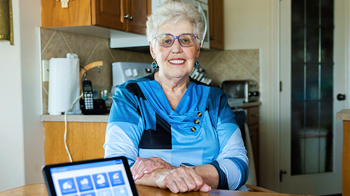  Inge Westlin, 77, was a patient of the Edmonton Zone Virtual Home Hospital’s (EZVHH) cardiology unit while she waited for a cardiac ablation procedure. Thanks to this virtual care, she was able to wait in the comfort of her home rather than in the hospital.