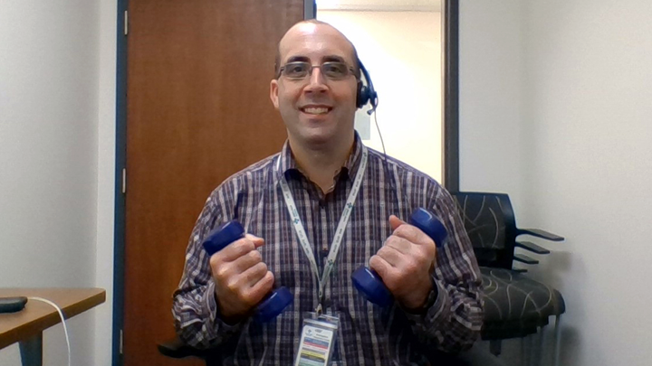 Exercise therapist Andrew Holosney leads a class in the Alberta Healthy Living Program’s virtual exercise program on Zoom for residents across the North Zone.